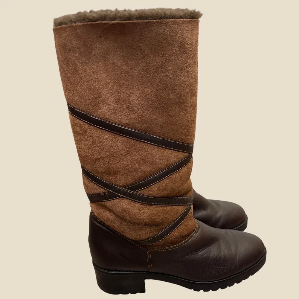 La Canadienne Brown Leather Suede Shearling Foldable Cuff Winter Boots 7 Cozy